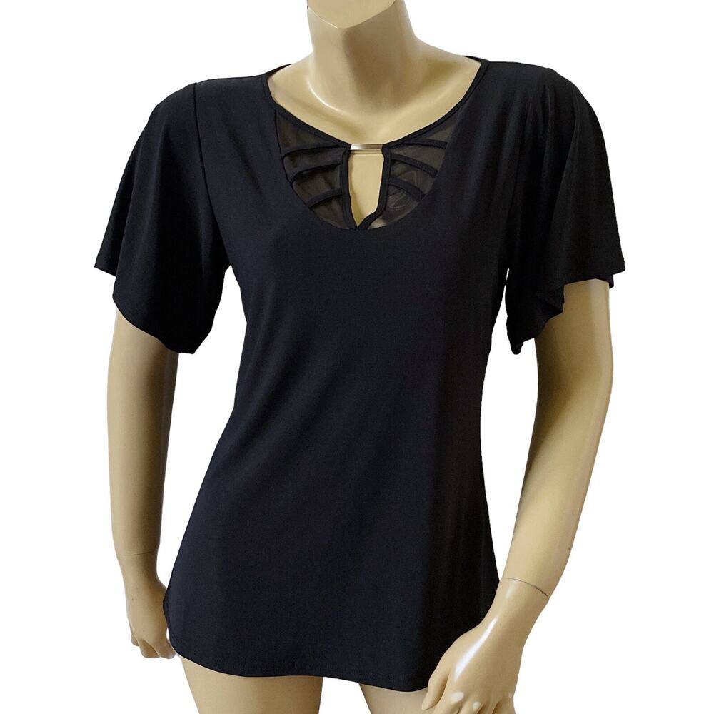 NY COLLECTION Womens Size Small Black Short Sleeve Stretch Keyhole Neck Shirt